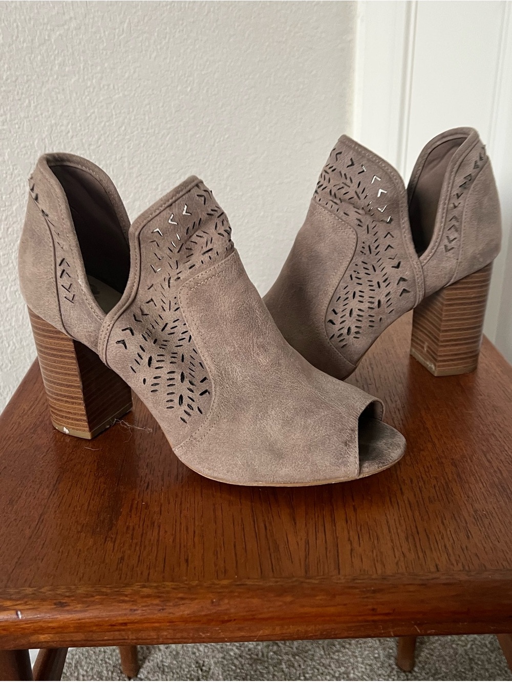 Fergalicious Taupe Suede Peep-Toe Block Heel Booties